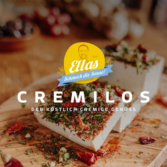 Markteinführung und Design Ellas CREMILOS Foto mehrerer Blöcke Weichkäse mit Kräutern und Chilis drauf und dem Schriftzug Cremilos der köstlich cremige Genuss darüber das Logo von Tonis Ellas in gelb mit der Silhouette eines Mannes und dem Satz Schmeck die Sonne