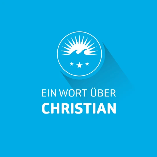 Ein Wort über Christian Blaue Grafik mit dem HOCHZWEI Logo mit einer Sonne, zwei Wellen und drei Sternen und dem Schriftzug Ein Wort über Christian