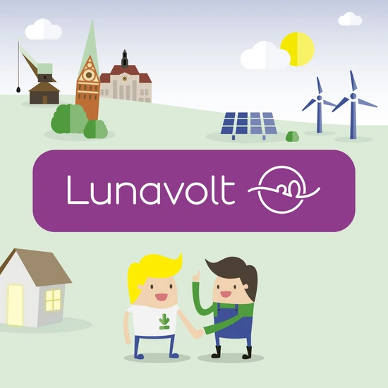 Namens- und CD-Entwicklung für Regiogröön Ein weißes Schriftzug Lunavolt auf einem lilanem Hintergrund und illustrierte