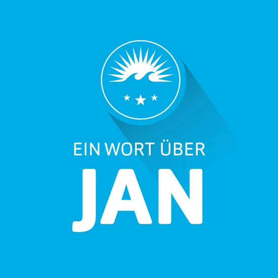 Ein Wort über Jan HOCHZWEI-Logo auf blauem Hintergrund mit weißer Schrift: Ein Wort über Jan