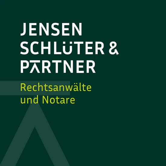 Logo und Corporate Design für JENSEN SCHLÜTER & PARTNER Grüner Hintergrund, davor in weißer Schrift: Jensen, Schlüter & Partner.