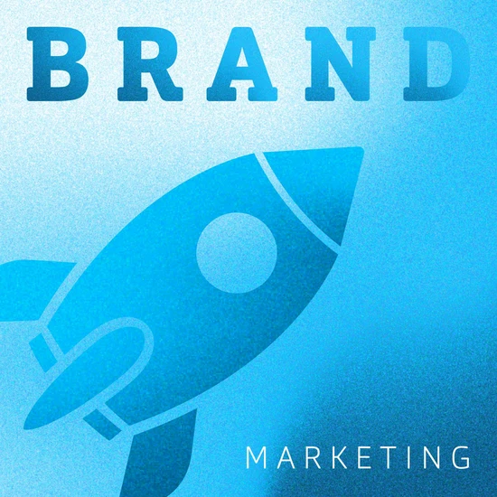 Professionelles Brand Marketing Blaue Grafik mit dem Schriftzug Brand Marketing und der Silhouette einer Rakete