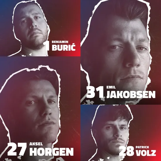 Einlauftrailer 2026/27 für SG Flensburg-Handewitt Porträts der Spieler Burić, Jakobsen, Horgen und Volz auf blau-rotem Hintergrund