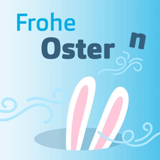 Meister Lampe lädt den Akku Blauer Hintergrund mit de Aufschrift: Frohe Ostern