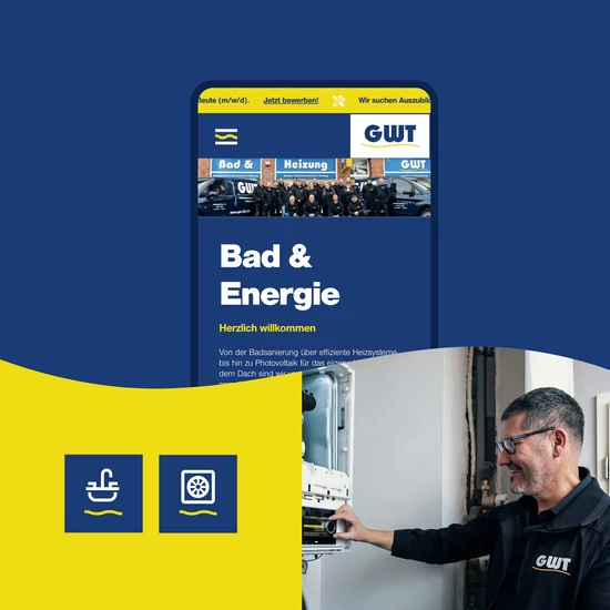 Website für GWT Kiel Ein blauer und gelber Hintergrund mit einem Mann rechts im Bild sowie einem Handy im oberen Bereich