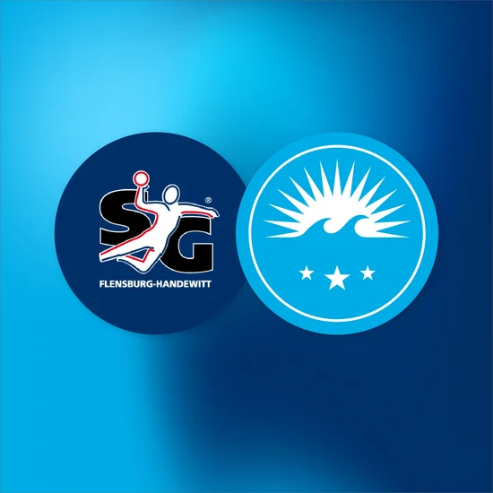 Weiter im Zusammenspiel Zwei Kreise nebeneinander. Links in dunkelblau mit dem SG Flensburg Handewitt Logo darin mit dem springenden Handballspieler, rechts in hellblau mit dem Hochzwei Logo mit einer aufgehenden Sonne, zwei Wellen und drei Sternen.
