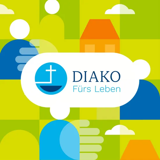Kommunikativer Neustart für den DIAKO Verbund Bunte Grafik mit Personen-Figuren und Häusern und der Überschrift Diako fürs Leben