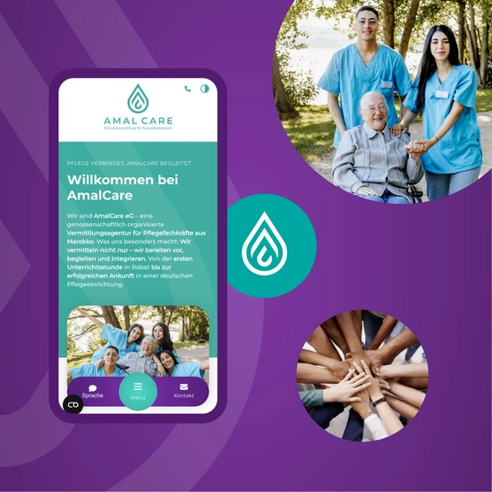 Internetauftritt für die Diakonie Ostholstein Dunkellila Grafik mit vier Elementen, einem Smartphone mit der Webseite, dem Logo, einem Foto vieler Hände übereinander und einem Foto mit zwei Angestellten und einer Patientin