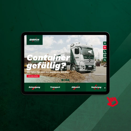 Markenrelaunch für die Ehrich Gruppe Screenshot der Startseite der Ehrich Webseite auf dunkelgrünem Hintergrund
