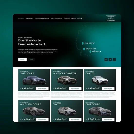 Stilvolle Website für Emil Frey Exclusive Cars Screenshot der Aston Martin Emil Frey Startseite