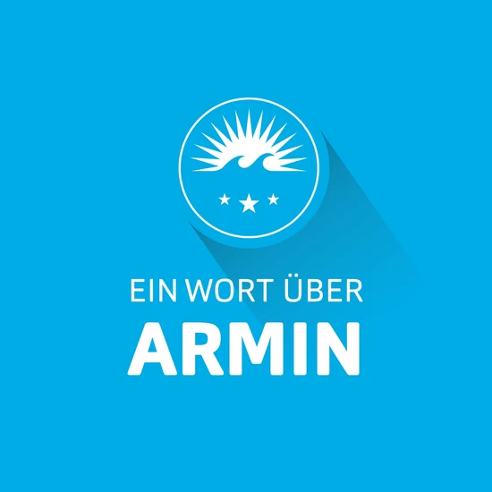 Ein Wort über Armin Blaue Grafik mit weißer Schrift