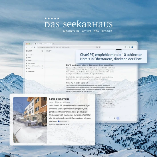 Digitale und KI-Sichtbarkeit für Hotel DAS SEEKARHAUS Screenshot einer Chat GPT Konversation mit der Empfehlung für das Hotel Das Seekarhaus