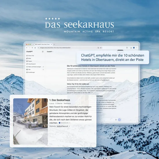 Digitale und KI-Sichtbarkeit für Hotel DAS SEEKARHAUS Screenshot einer Chat GPT Konversation mit der Empfehlung für das Hotel Das Seekarhaus