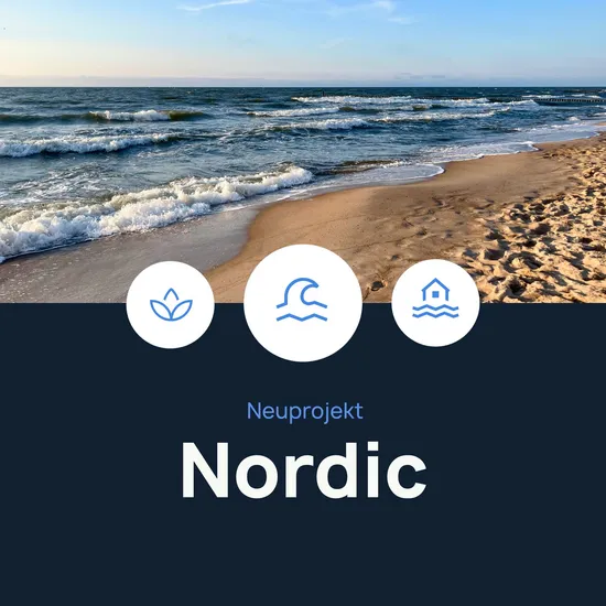 Begeisterungswellen garantiert Foto des Meeres und des Strandes mit den Icons einer Pflanze, einer Welle und eines Hauses in der Mitte des Bildes. Darunter steht Neuprojekt Nordic.