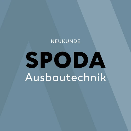 Umbaumaßnahmen Ein grauer Hintergrund mit streifen, davor eine dunkle Aufschrift: Spoda, Ausbautechnik