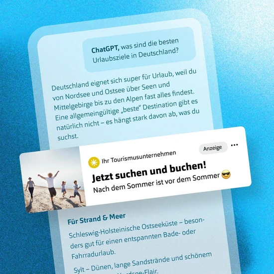 Jetzt ChatGPT-Ads einsetzen! Grafik eines fiktiven ChatGPT Verlaufs über deutsche Urlaubsdestinationen mit einer Anzeige für einen Reiseveranstalter in der Mitte